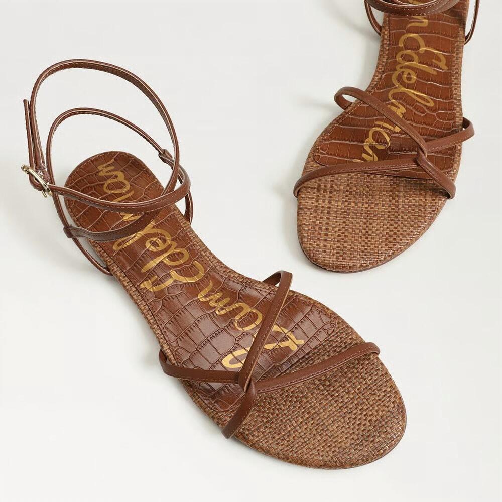 NEW SAM EDELMAN women's ellina strappy flat sandal in rich cognac leather - Picture 6 of 7